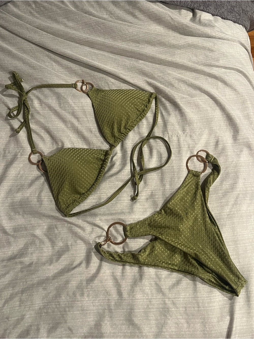 Green bikini with gold detailing